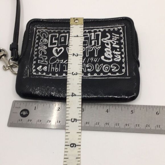 Coach Poppy Black Patent Leather Square Wristlet with Metallic Silver Lettering - Picture 14 of 16